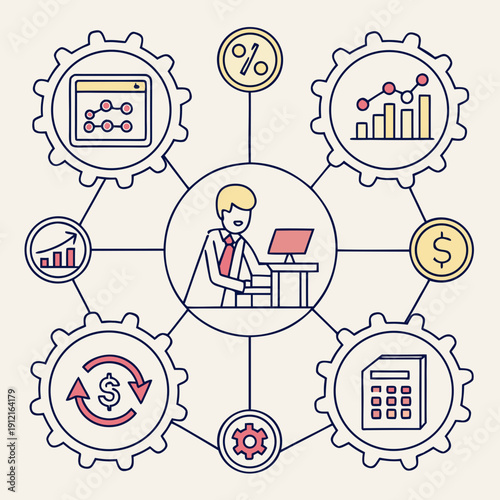 Businessman surrounded by financial and productivity icons Vector