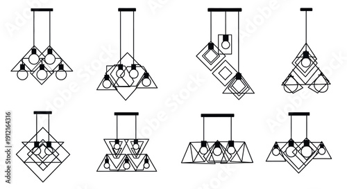 Geometric Pendant Light Fixtures in Modern Minimalist Style with Black and White Color Scheme in Line Art Format for Interior Design