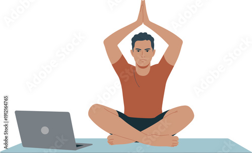 Young man practicing yoga in lotus pose while watching online tutorial on laptop for home wellness and fitness.