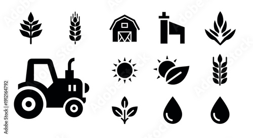 Agricultural icons set in simple flat design with black color on white background for web and mobile applications