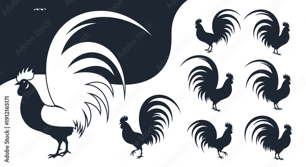 Fototapeta premium Rooster Silhouette Pattern Collection With Dynamic Farm Bird Shapes And Decorative Repeat Layout 