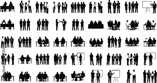Business office silhouettes, meeting presentation icons, teamwork collaboration, professional attire, corporate communication artwork, workplace staff design - flat vector illustration