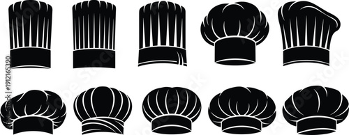 Chef hat icons, toque designs, puffed hats, culinary headwear styles, black white artwork, cooking symbols, kitchen branding elements - flat vector illustration