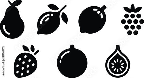 Collection of Stylized Black and White Fruit Icons  Minimalist Vector Set