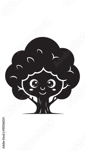 Whimsical cartoon tree with a smiling face and leafy canopy displayed in a charming illustration.