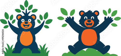 Joyful Blue Bear Character Integrated into Tree Design  Whimsical Vector Illustration