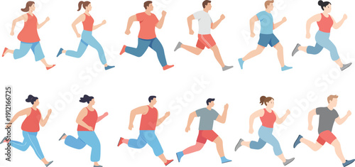 Weight Loss Transformation Concept  Obese to Slim Male and Female Characters Running Step by Step Vector Illustration