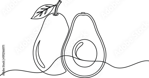 Minimalist line art of pear and avocado on white