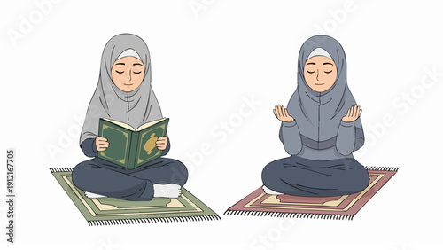 Two Muslim women in hijab praying and reading Quran on colorful prayer mats at home interior