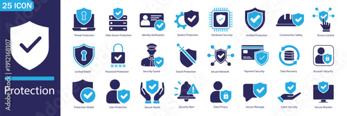 Protection and Security Icons Set. Cyber Security, Data Protection, Privacy, Shield and Safety. Collection Flat Vector Icons
