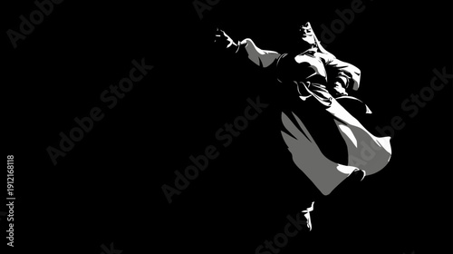 Dynamic silhouette of a mystical robed figure pointing forward in dramatic black and white, spiritual journey concept.