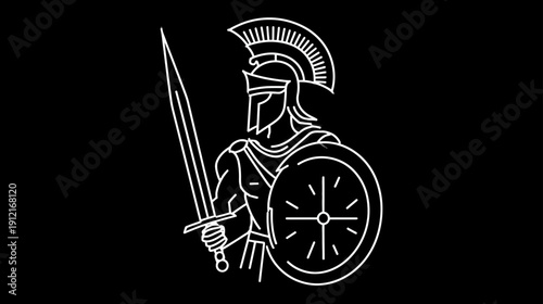 Strong ancient warrior outline illustration with helmet, sword, and shield on black background, symbolizing power and history.