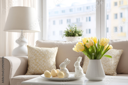 Scandinavian Easter Celebration: Cozy Living Room with Tulips, Bunny Decor, and City View