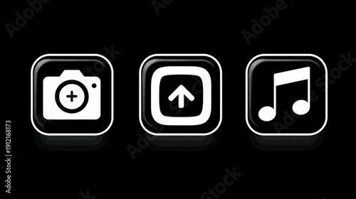 Set of three glossy black and white media icons: camera with plus, upload arrow, and music note. Modern graphic design elements for digital applications.