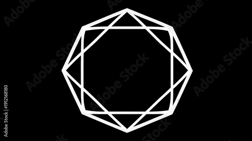 Modern minimalist white geometric abstract shape, symmetrical line art design element on black background, elegant and clean