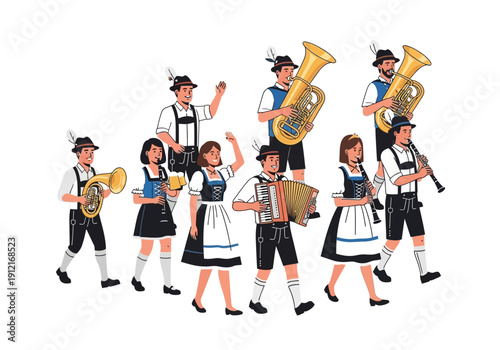 Bavarian musicians in traditional dress marching with instruments