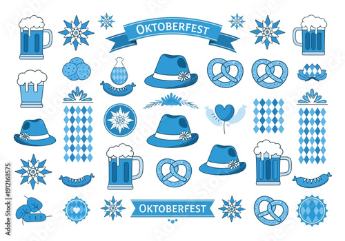 Blue and white Oktoberfest icons including beer mugs hats pretzels and patterns