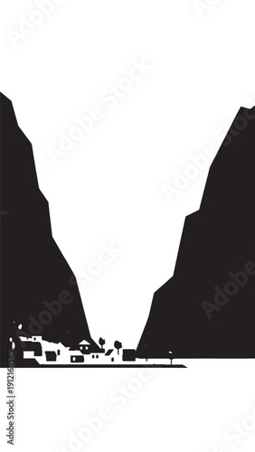 Monochrome canyon landscape with towering cliffs and a distant river valley.