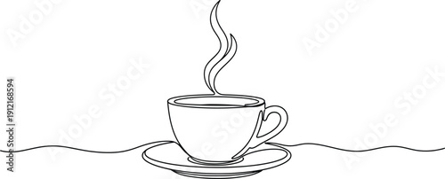 Steaming hot cup of coffee on saucer with wavy lines