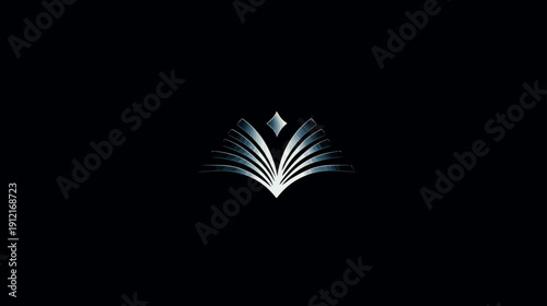 Abstract silver elegant symbol resembling an open book or crown on a black background. Modern graphic design for luxury and knowledge.