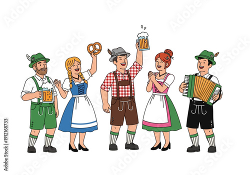 Five people in traditional Bavarian attire celebrating with drinks and music