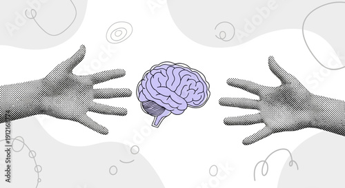 Hands reaching for a brain with abstract background 