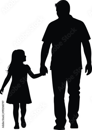 Silhouette of a man and a little girl holding hands