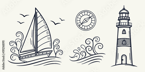 A sailboat, waves, seaweed, compass and lighthouse by the sea Vector