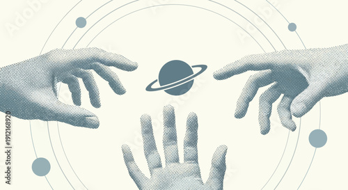 Hands Reach for Planet in Space Vector Graphic Illustration