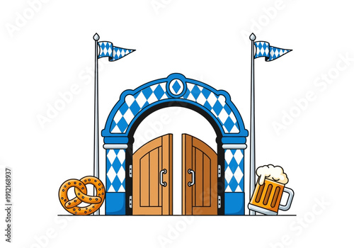 Oktoberfest entrance arch with beer mug and pretzel illustration