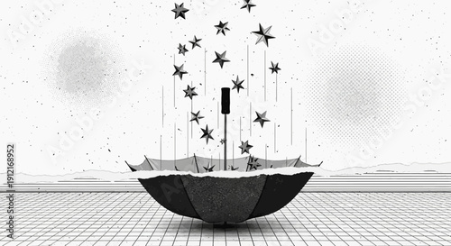 Stars emerge from a cracked bowl on a grid surface Vector