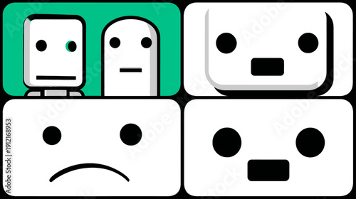 Minimalist abstract faces set displaying various emotions and moods in a modern digital grid illustration