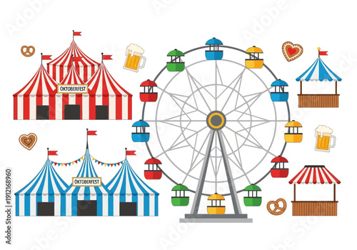 Oktoberfest illustration with Ferris wheel tents mugs and pretzels