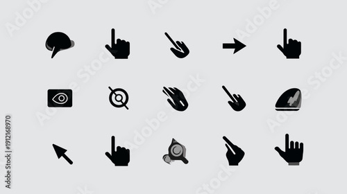 Collection of diverse black computer mouse cursors, hand pointers, and UI interaction icons for digital interface design.