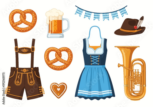 Oktoberfest illustration with traditional Bavarian clothing food and music items
