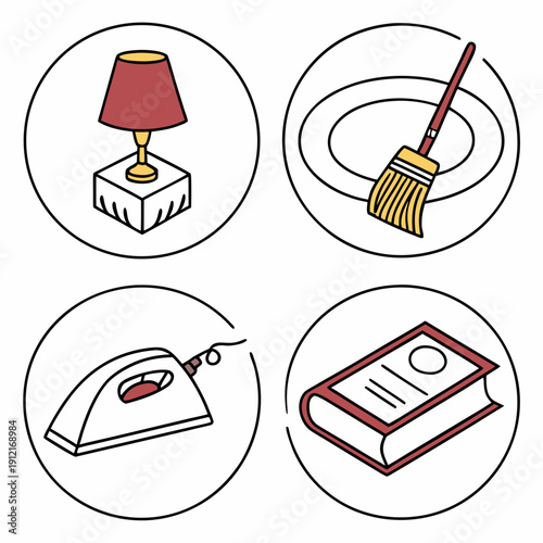 Four icons of household items and an educational book Vector