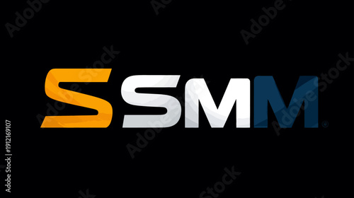 Modern stylized geometric SSMM letters with metallic gradient effect on a sleek black background, abstract design concept
