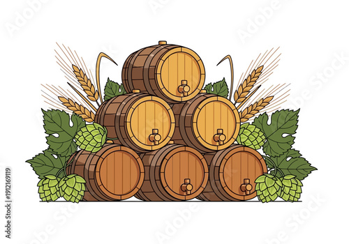 Stacked wooden barrels surrounded by hops and barley ears