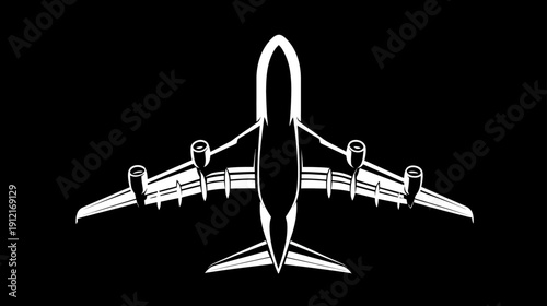 Overhead top view white silhouette of a commercial passenger airplane graphic icon on a black background. Travel and aviation concept.