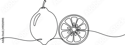 Continuous line drawing of pear and orange slice on white