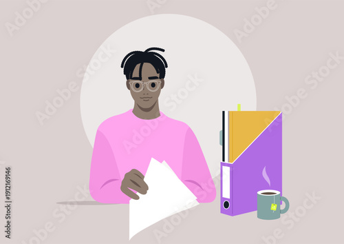 A skilled paperwork consultant examines various documents while seated at a workspace, showcasing organization and diligence in a modern environment alongside a warm cup of coffee