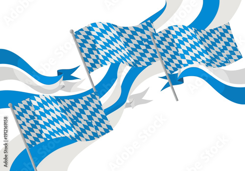Three Bavarian lozenge pattern flags waving with blue and white ribbons