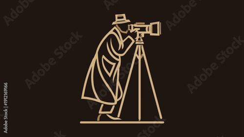 Vintage detective or photographer with film camera on tripod, elegant line art illustration.
