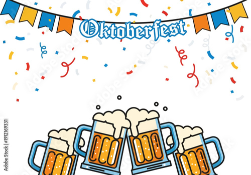 Illustration of four beer steins toasting beneath an Oktoberfest banner with confetti
