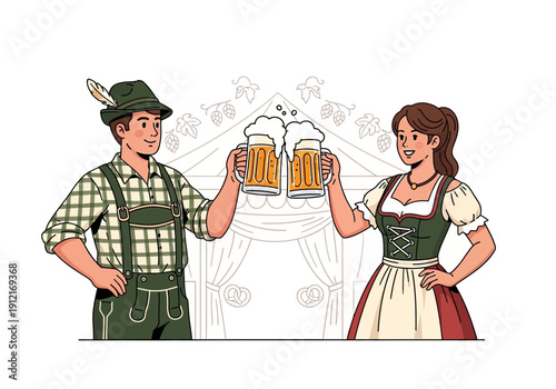 Man and woman in traditional dress toast with large beer steins