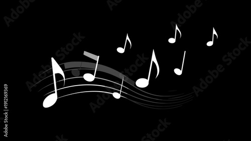 White musical notes and flowing staves on a deep black background, symbolizing melody, harmony, rhythm, and sound for creative designs.