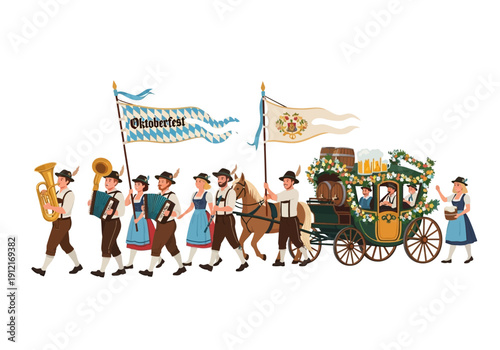 Oktoberfest parade featuring musicians a horsedrawn carriage with barrels and revelers