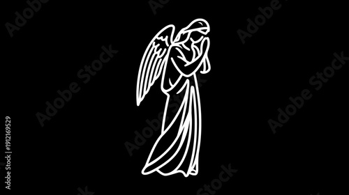 White outline angel illustration praying on black background, symbolizing faith, spirituality, peace, and remembrance.