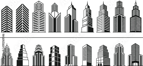 City skyline silhouettes collection, modern skyscraper buildings isolated on white background vector