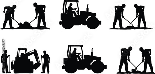 Construction worker silhouettes set, road repair and heavy equipment operation isolated vector